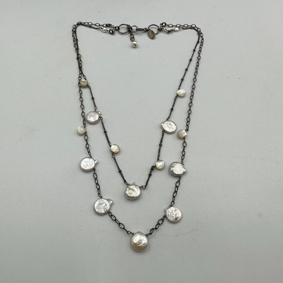 Athena Designs Coin Pearl Necklace Sterling Silver Freshwater Layered 18 Inch - Picture 5 of 12